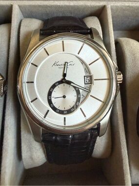 Kenneth Cole Silver Dial Watch with Black Leather Strap